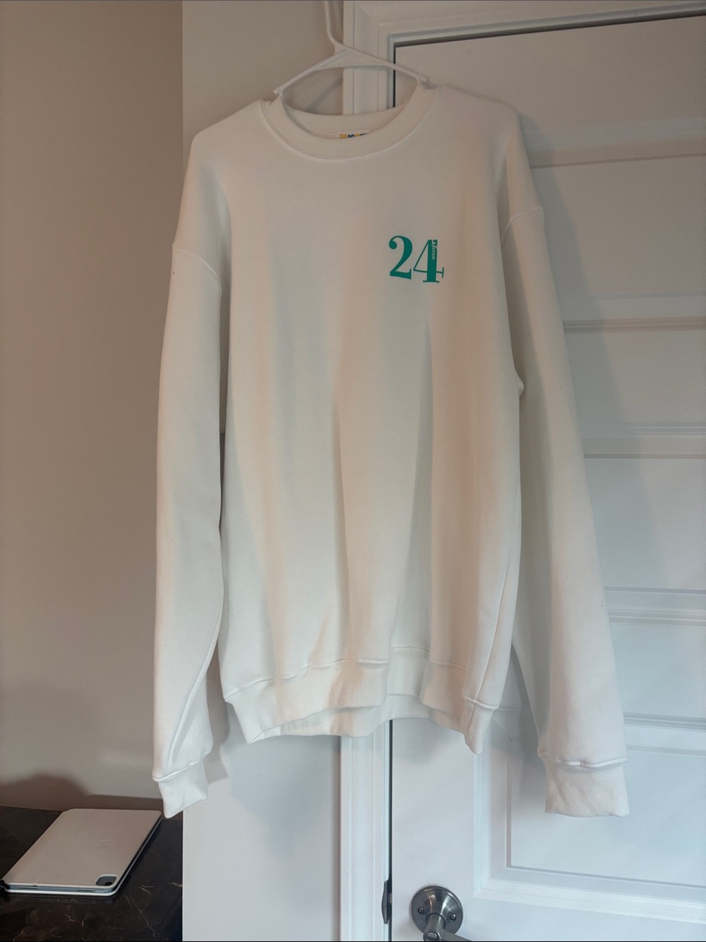Seven7 Cream Crewneck Sweatshirt with Teal '24' Chest Print
